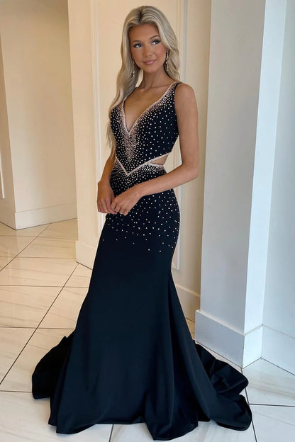 Beaded V-Neck Cutout Trumpet Long Prom Dress