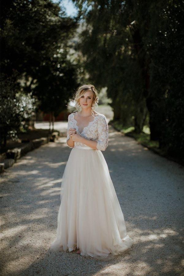 Belt Tulle V-neck Half Sleeves A-line Wedding Dress Bridal Gown