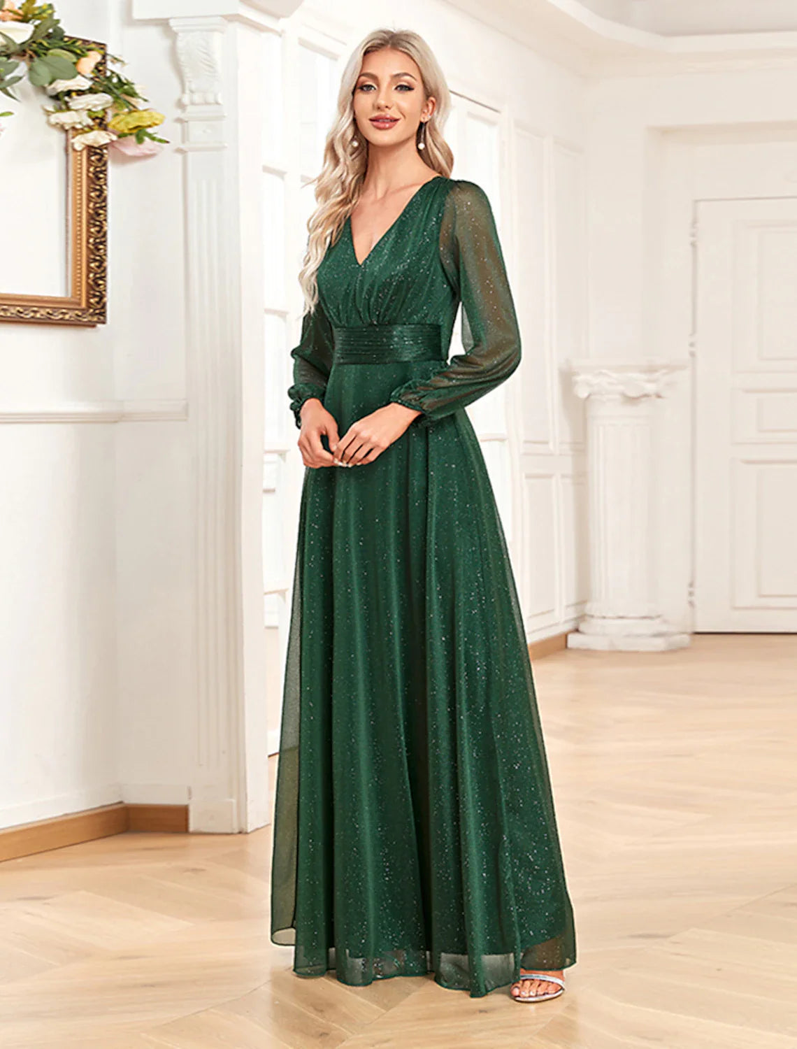 A-Line Evening Gown Elegant Dress Formal Floor Length Long Sleeve V Neck Chiffon with Sequin