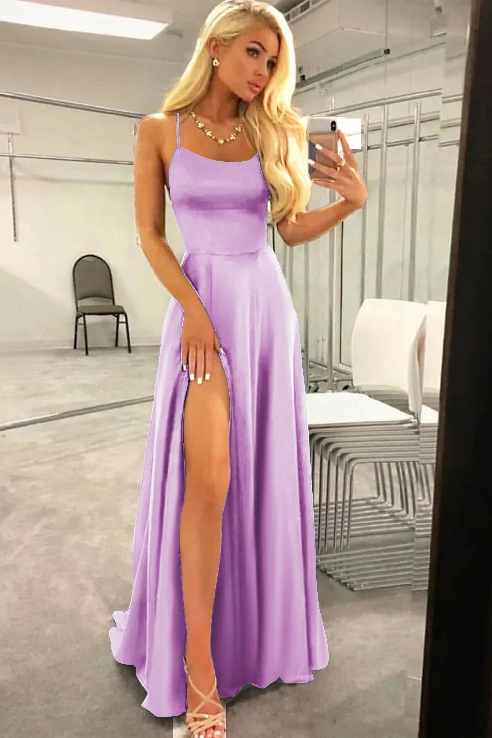 Lilac Square Neck Halter Lace-Up Back Backless A Line Satin Prom Dress