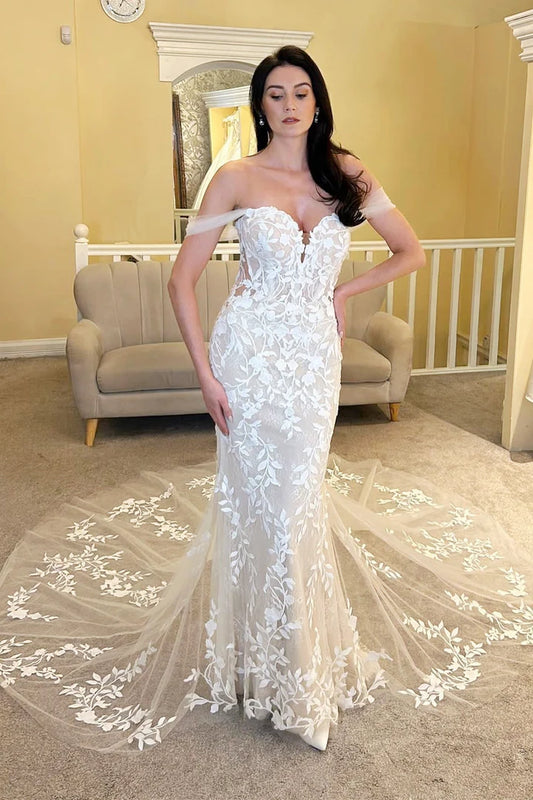 Ivory Floral V-Neck Lace Off-the-Shoulder Wrap The Buttocks Mermaid Long Wedding Dress ﻿