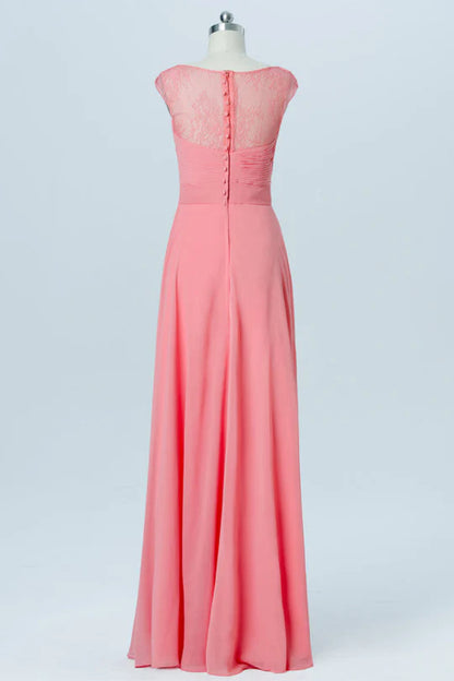 Coral Pink Square neck Lace Back Wrap Sleeveless Bridesmaid Dress