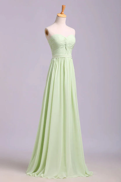 A Line Tulle Long Prom Dress Chiffon Pleated Sleeveless Bridesmaid Dresses