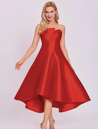 A-Line Cocktail Dresses Minimalist Dress Homecoming Wedding Guest Tea Length Sleeveless Strapless Satin with Sleek