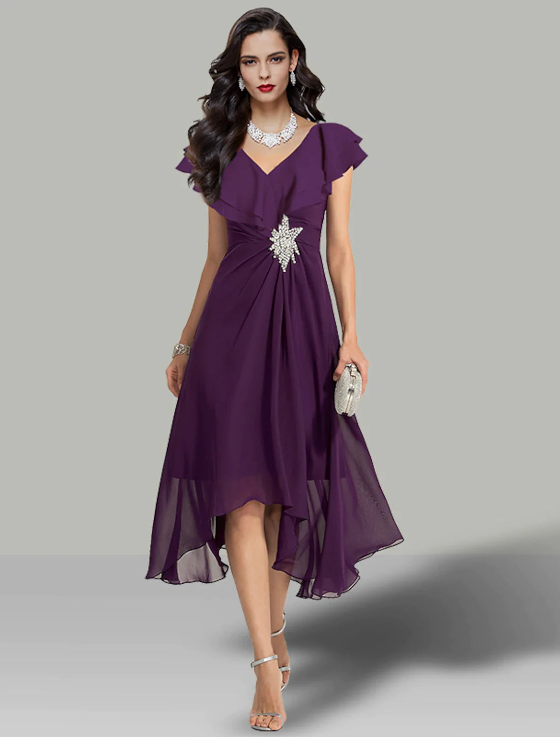 A-Line Wedding Guest Dresses Elegant Dress Cocktail Party Tea Length Short Sleeve V Neck Chiffon with Rhinestone