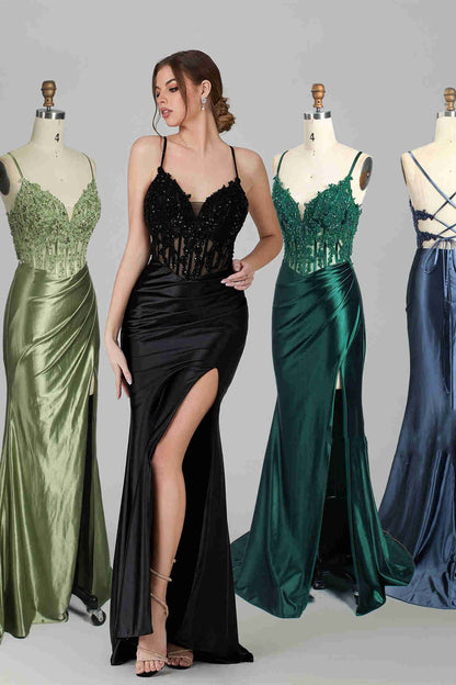 Sheath Mermaid Emerald Green  Sweep/Brush Train Dresses Straps Ruched Prom Dress with Slit