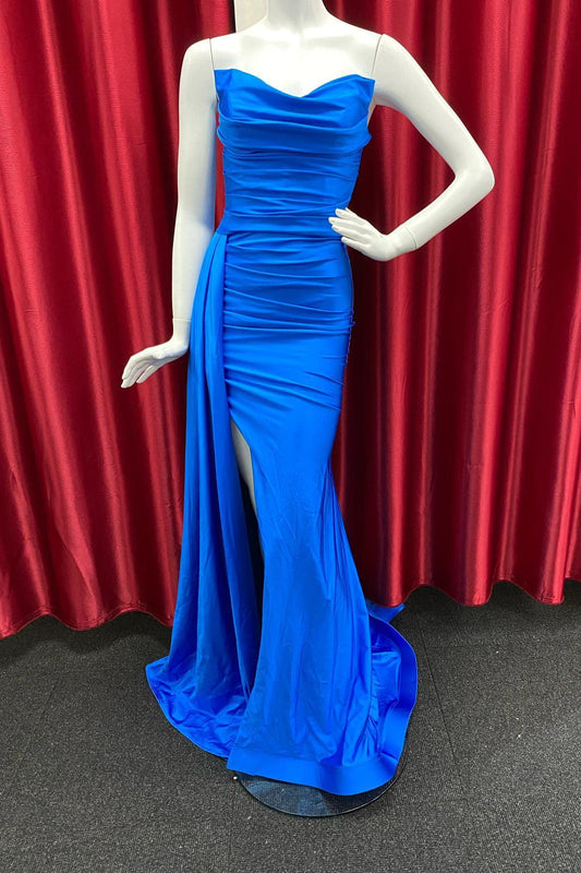 Cowl Neck Mermaid Satin Pleated Slit Long Prom Dress