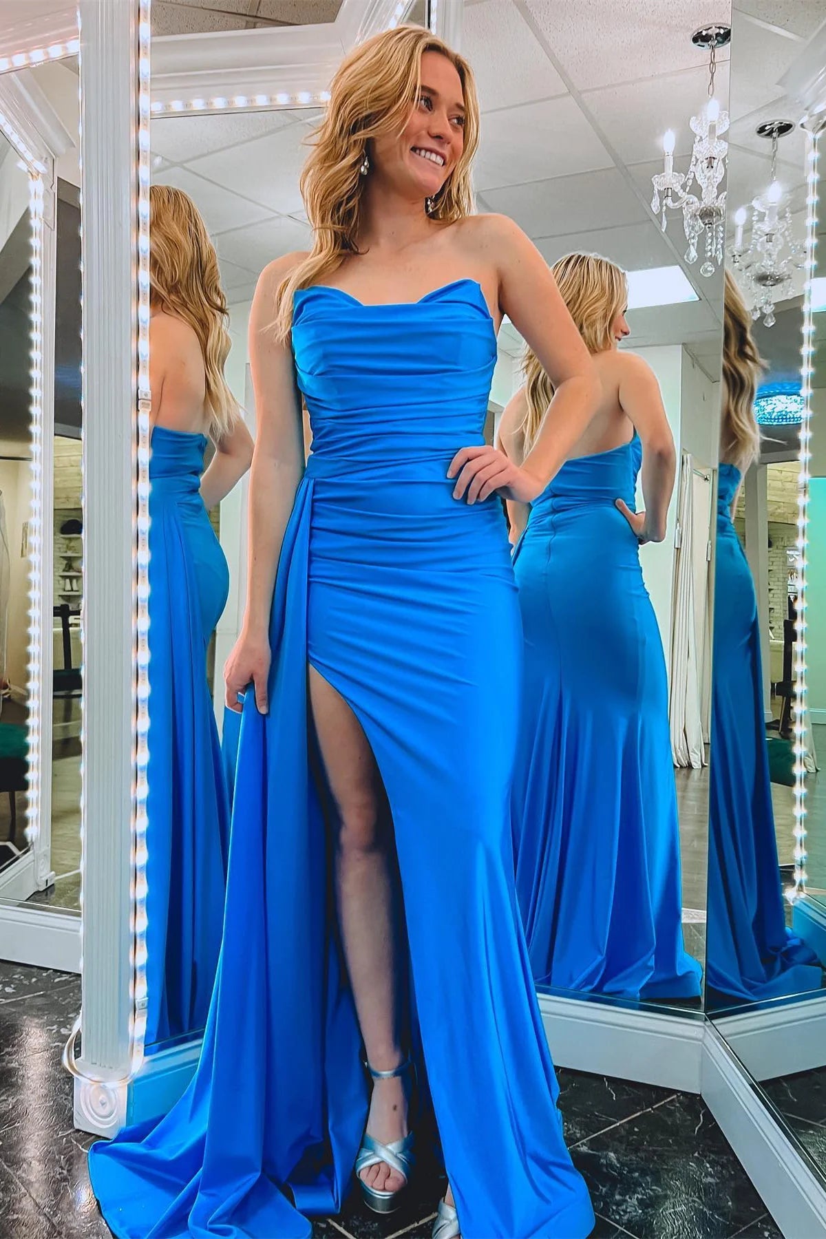 Cowl Neck Mermaid Satin Pleated Slit Long Prom Dress