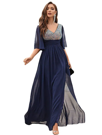 A-Line Wedding Guest Dresses Sparkle & Shine Dress Party Wear Floor Length Half Sleeve V Neck Chiffon with Crystals Ruffles