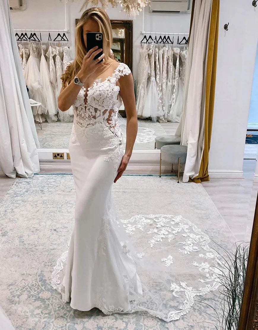 Mermaid Deep V-Neck Long Wedding Dress with Lace
