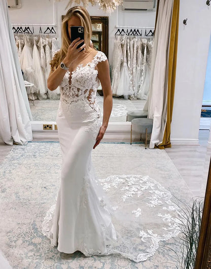Mermaid Deep V-Neck Long Wedding Dress with Lace
