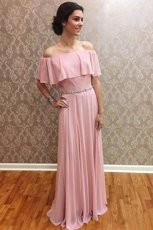 Blush Pink Chiffon Off-the-Shoulder Ruffled Bridesmaid Dress