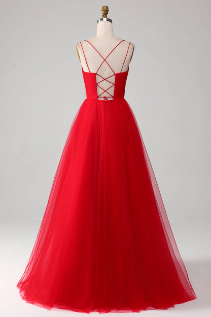 Red Spaghetti Strap Ball-Gown/Princess V-Neck Tulle Pleated Long Prom Dress