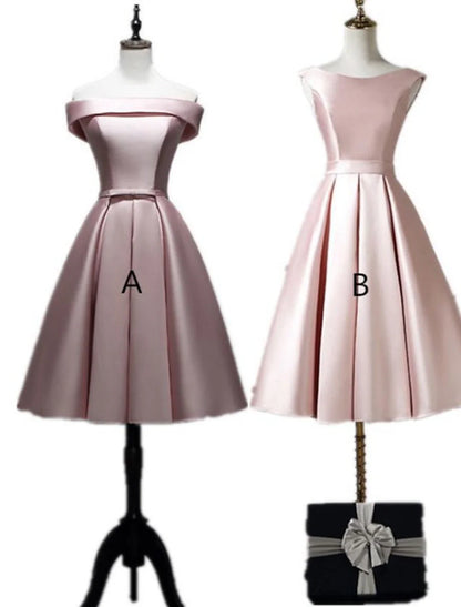 A-Line Bridesmaid Dress Off Shoulder Sleeveless Elegant Tea Length Satin with Bow(s) / Pleats