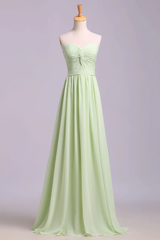 A Line Tulle Long Prom Dress Chiffon Pleated Sleeveless Bridesmaid Dresses