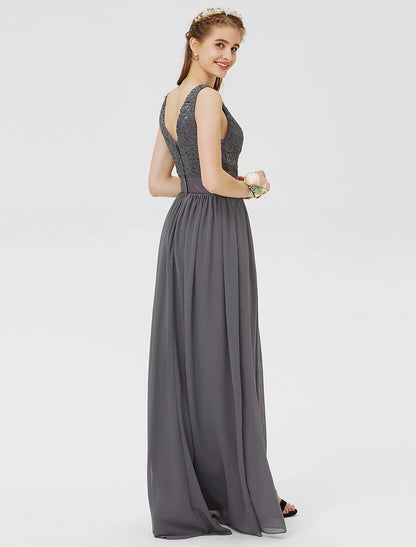 Sheath / Column Bateau Floor Length Chiffon / Floral Lace Bridesmaid Dress with Lace / Sash / Ribbon