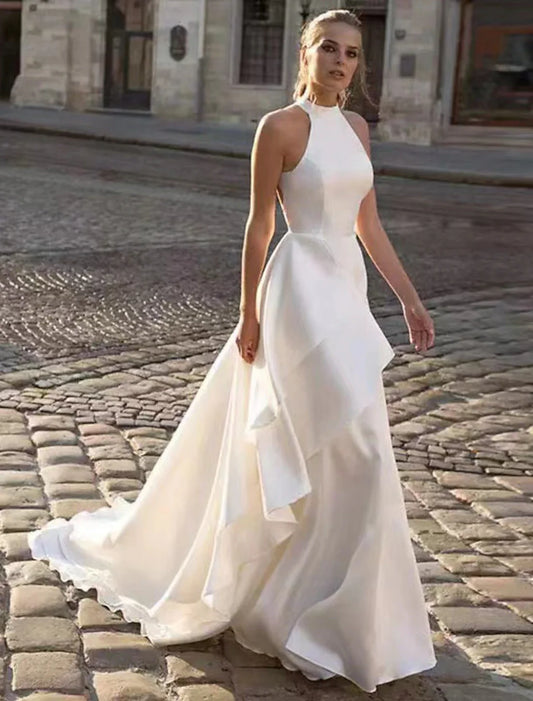 Wedding Dresses&Bridal Dresses A-Line Halter Sleeveless Court Train Satin Bridal Gowns With Solid Color