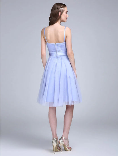 A-Line Bridesmaid Dress Spaghetti Strap Sleeveless Knee Length Tulle with Bow(s) / Criss Cross