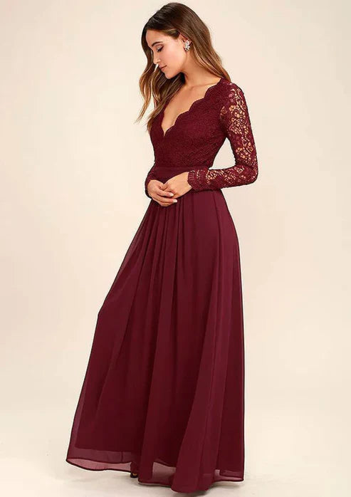 Chiffon Long Lace Sleeve Backless Wedding Party Bridesmaid Dress