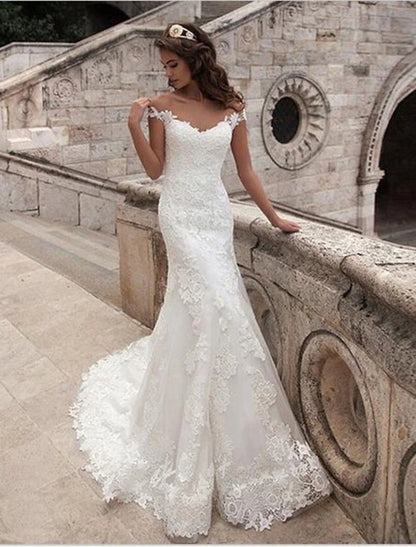 Engagement Open Back Formal Wedding Dresses Mermaid / Trumpet Off Shoulder Cap Sleeve Court Train Lace Bridal Gowns With Appliques