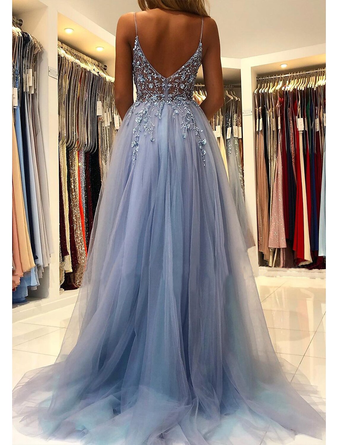 December Wedding Guest Dress A-Line Princess Dress Formal Court Train Sleeveless V Neck Tulle Beading Prom Dresses