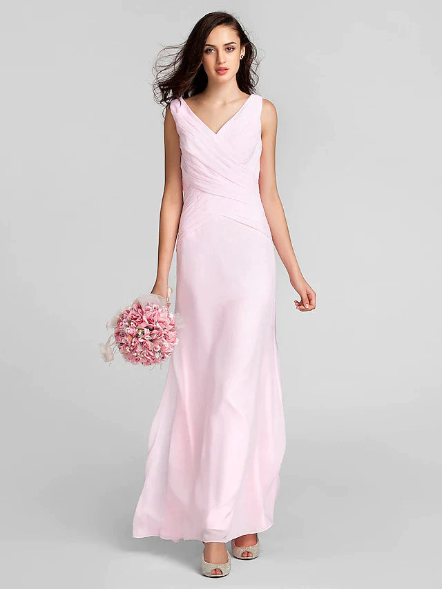 Sheath / Column Bridesmaid Dress V Neck Sleeveless Floor Length Chiffon with Criss Cross