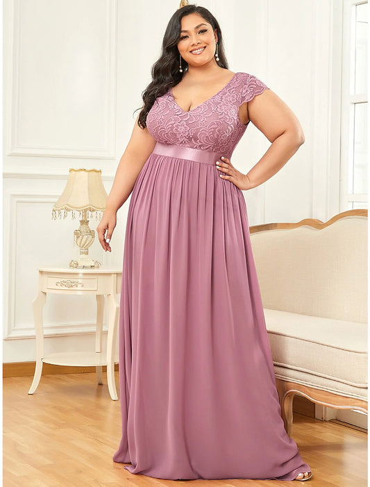 A-Line Elegant Vintage Formal Evening Dress Plus Size V Neck V Back Short Sleeve Floor Length Chiffon with Draping Lace Insert