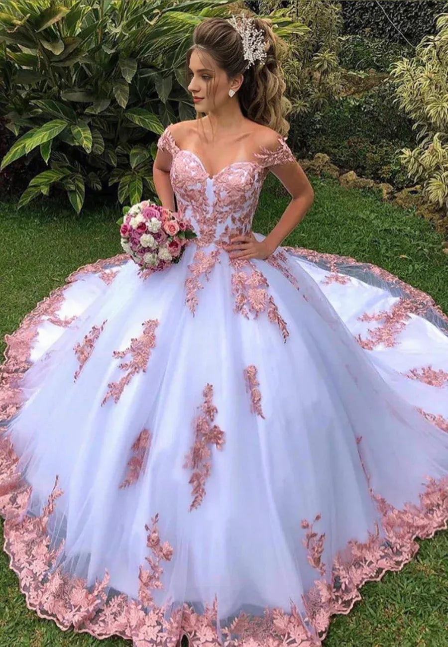 Princess Ball Gown Wedding Dresses V Neck Off the Shoulder Court Train Lace Polyester Cap Sleeve Country Plus Size with Appliques