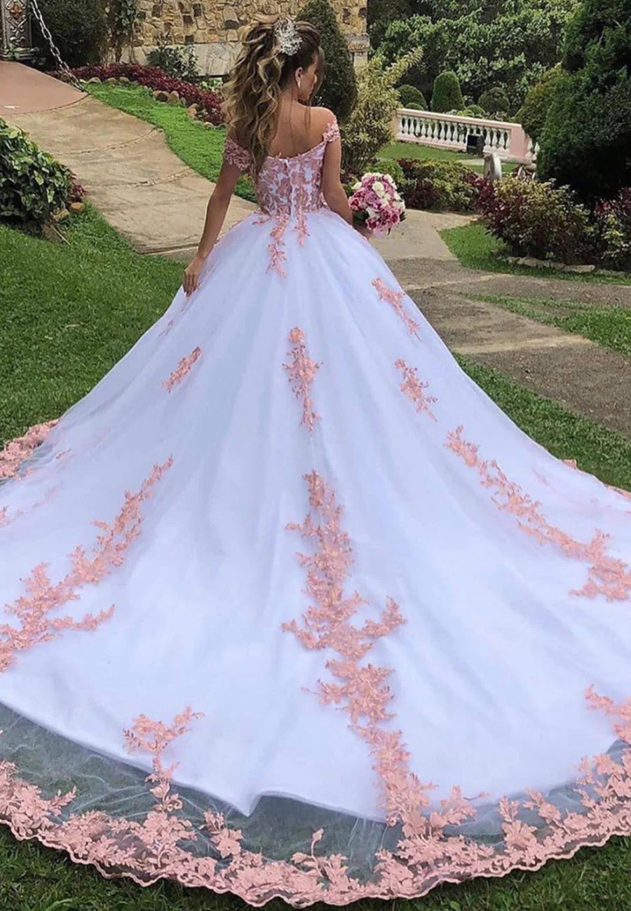 Princess Ball Gown Wedding Dresses V Neck Off the Shoulder Court Train Lace Polyester Cap Sleeve Country Plus Size with Appliques