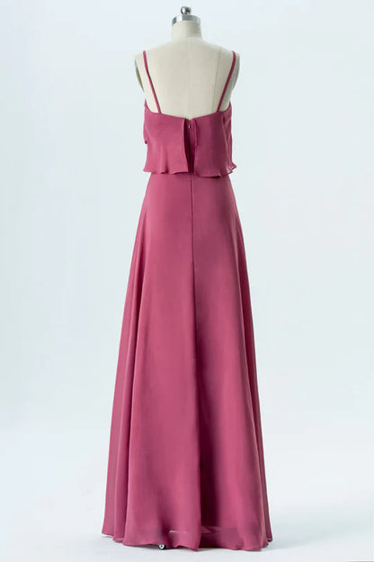 Magenta V-Neck Chiffon Straps Ruffled Sleeveless Bridesmaid Dress