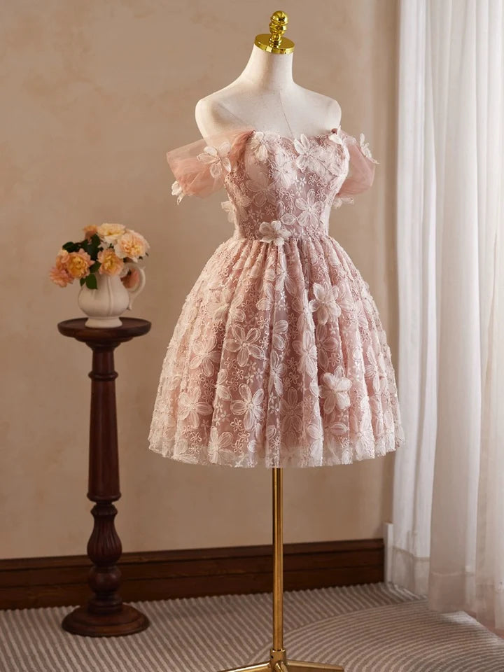 A-Line Prom Dress Off Shoulder Tulle Lace Short Flower Fantastic Dress