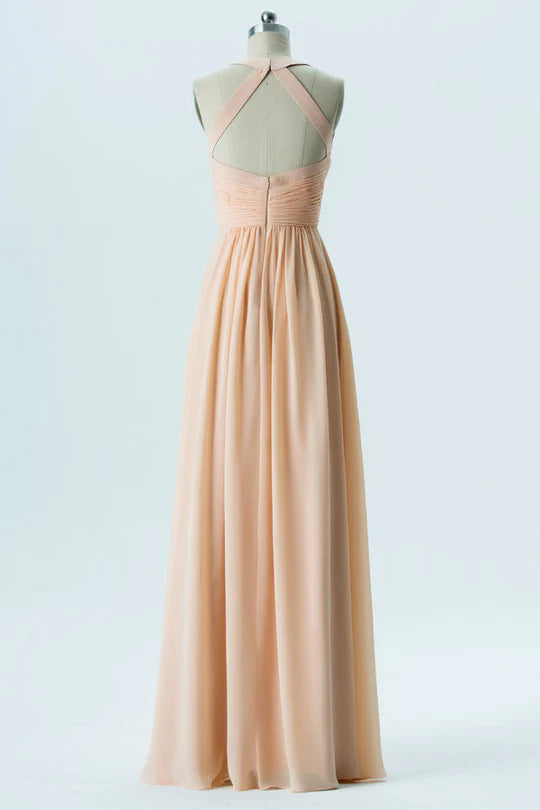 Light Orange Chiffon Halter Backless Bridesmaid Dress