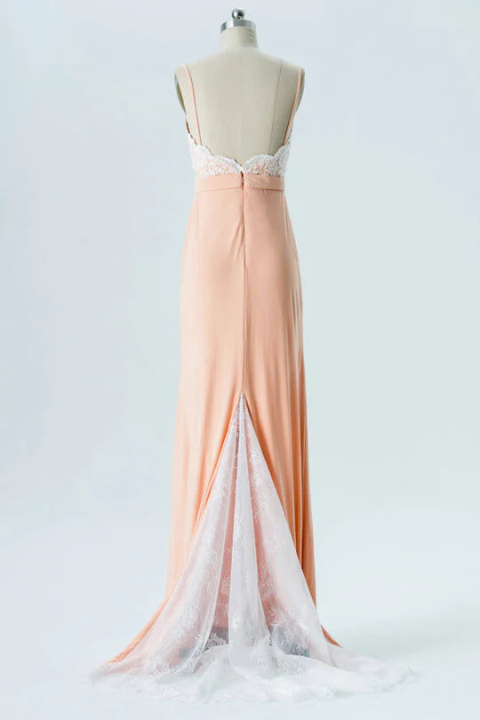 Peach Chiffon Off-the-Shoulder Straps Bridesmaid Dress with Sweeping Train