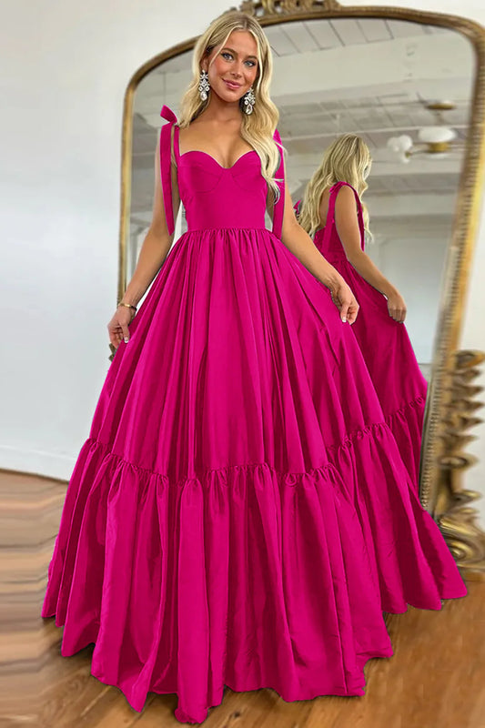 Fuchsia A-Line V-Neck Straps Pleats Long Prom Dress