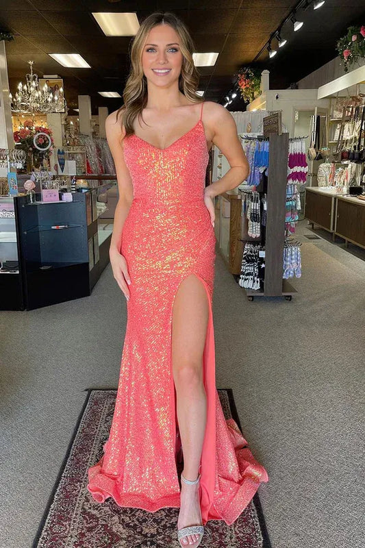 Mermaid V Neck Spaghetti Strap Pink Sequins Lace-Up Back Long Prom Dress