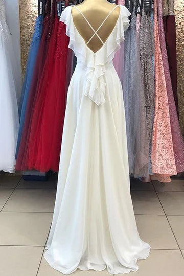 Chiffon V-Neck Backless Ruffled Long Bridesmaid Dress