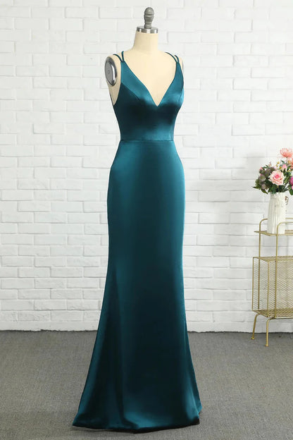 Elegant Teal Blue V-Neck Lace-Up Mermaid Backless Bridesmaid Dress