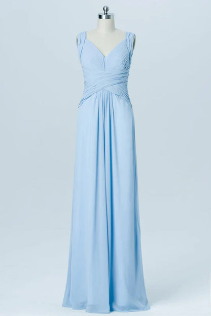 Light Blue Chiffon V-Neck Banded Waist Pleats Sleeveless Bridesmaid Dress