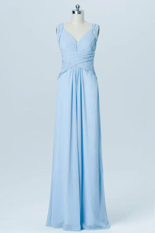 Light Blue Chiffon V-Neck Banded Waist Pleats Sleeveless Bridesmaid Dress