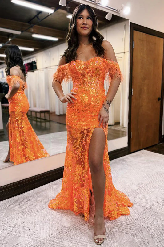 Sparkly Mermaid Sweetheart Orange Sequins Lace Lace-Up Back Long Prom Dresses with Slit