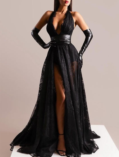 A Line  Sweep/Brush Train Dresses Halter Neck Lace Prom Dress With Split