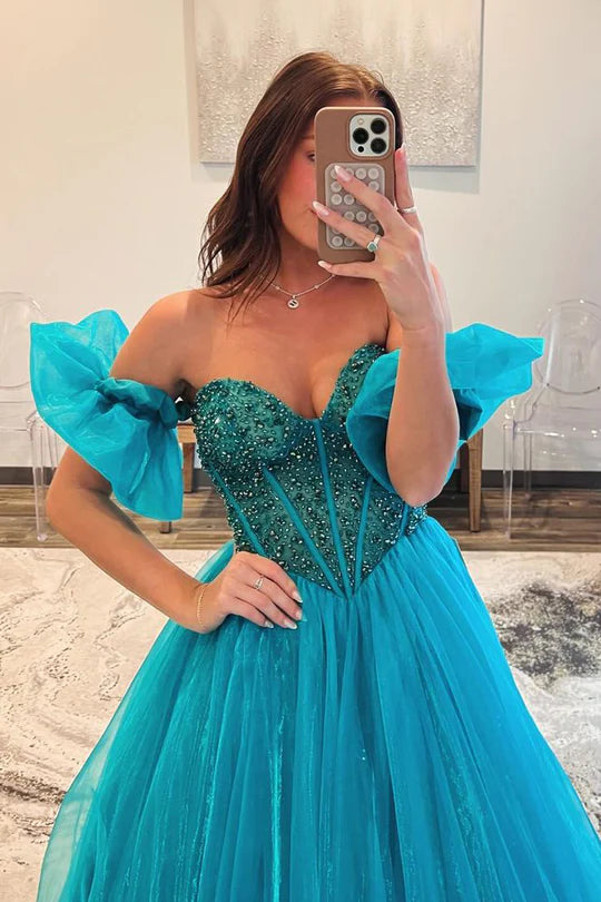 Strapless Off-the-Shoulder Blue Beaded Long Prom Dress with Sleeves