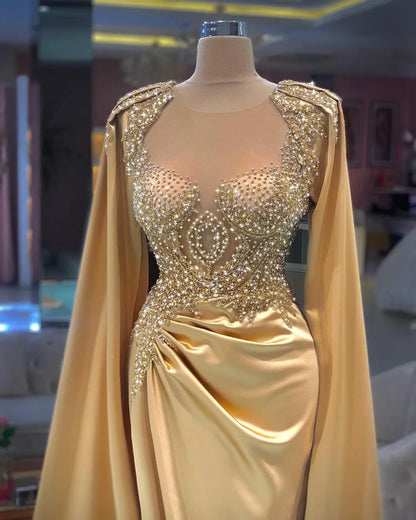 Sheath Elegant Sweep/Brush Train Dresses Champagne Gold Long Sleeves  Long Prom Dress With Beading Embroidery