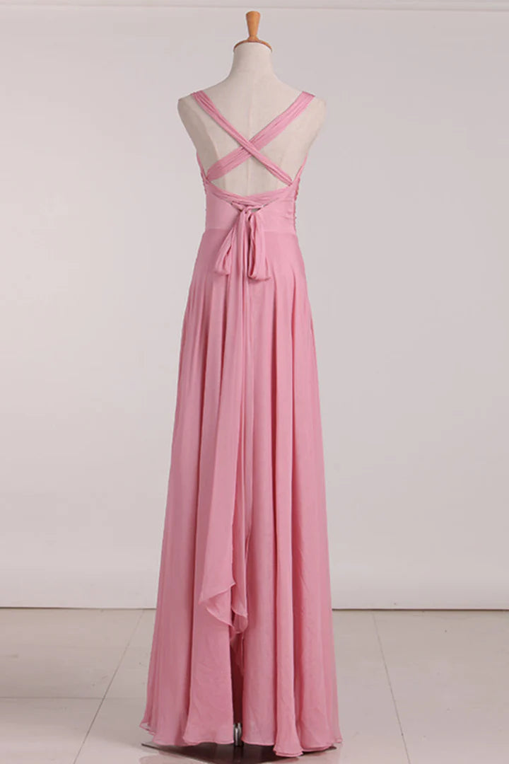 Pink Lace-Up V-Neck Back Long Chiffon Sleeveless Bridesmaid Dress