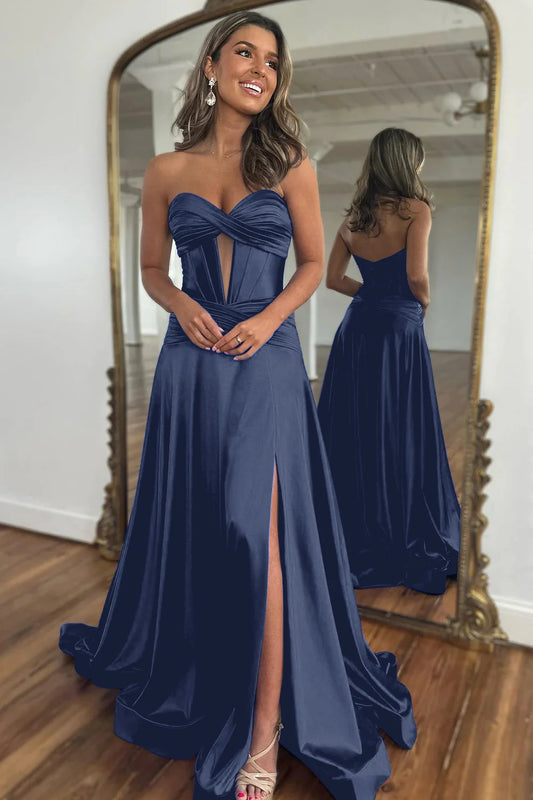 Dark Navy A-Line Off-the-Shoulder Sweetheart Zipper Back Long Satin Prom Dress With Split