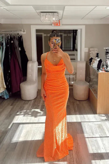 Orange Coel Neck Spaghetti Strap Sequin Mermaid Lace-Up Back Long Prom Dress
