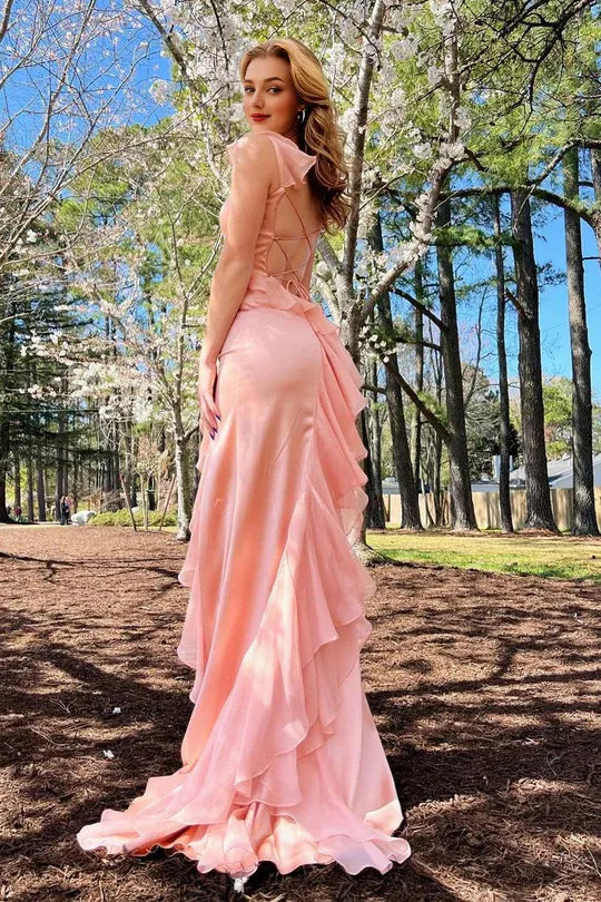 Pink Square Neck Ruffle Chiffon Lace-Up Back Long Prom Dress with Slit