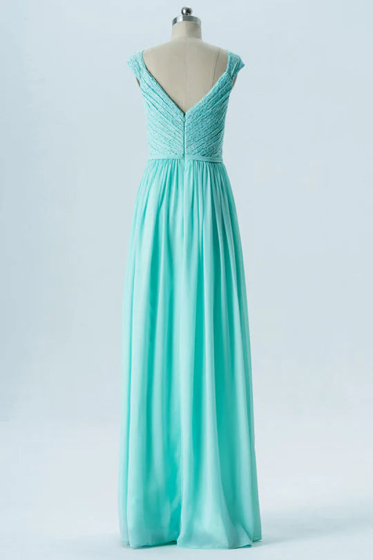 Aqua Blue Sweetheart V-Neck Cap Sleeve Pleats Bridesmaid Dress