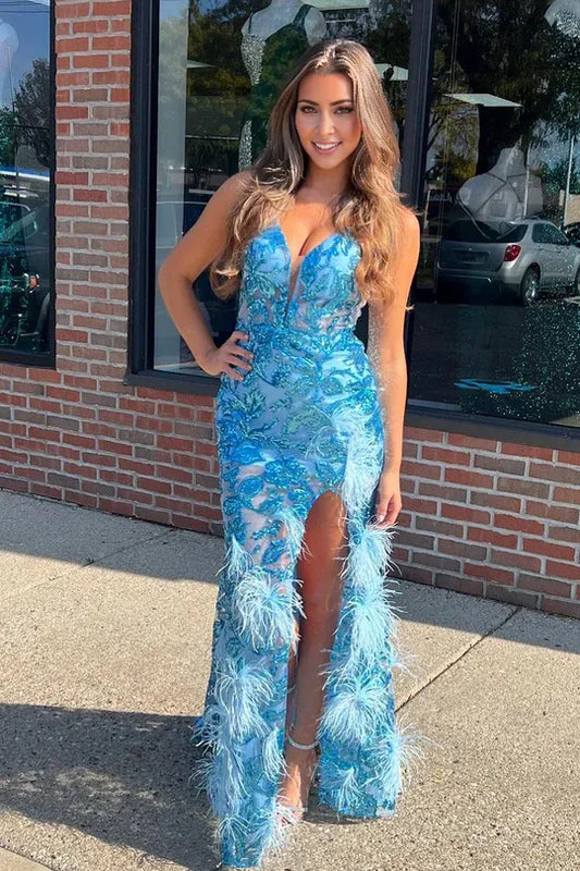 Charming Mermaid V Neck Blue Sequins Lace Long Prom Dress with Slit