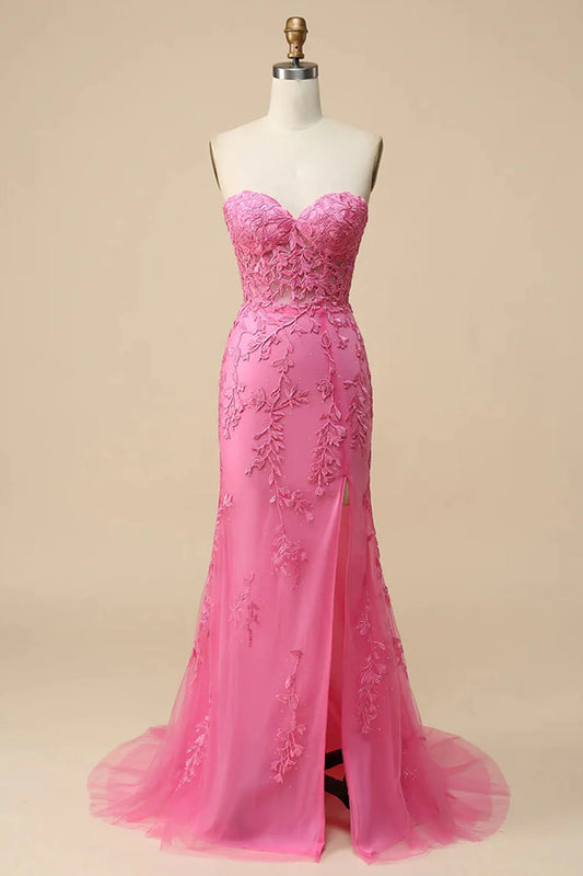 Pink Mermaid Off-the-Shoulder Embroidery Sweetheart Tulle Split Fork Long Prom Dress